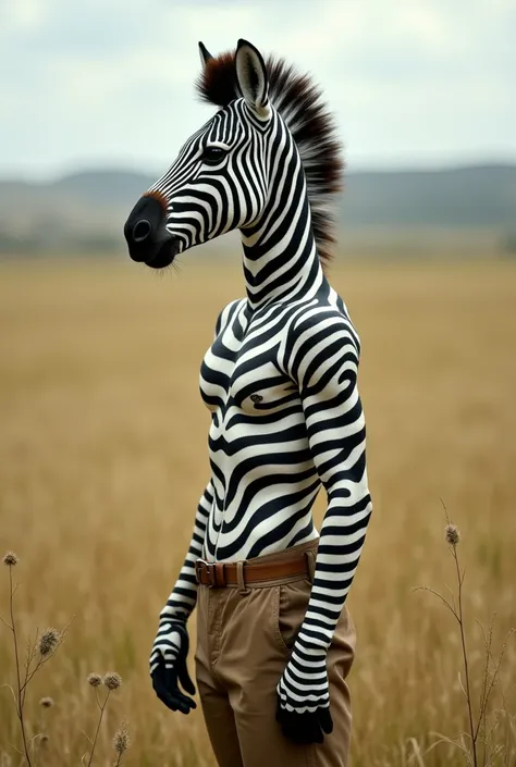 Zebra as a Human

A slender, athletic humanoid with black-and-white striped skin patterns across the body. The face features a zebra-like snout and ears, with a mohawk-like mane running down the head. Dressed in safari-themed attire, the figure stands conf...