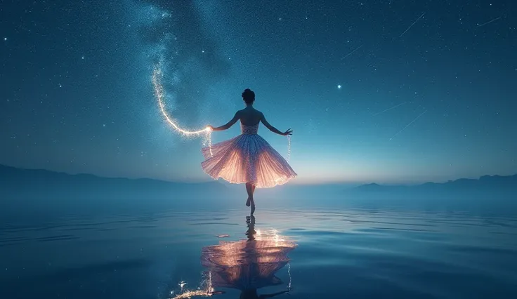 A lone ballerina dances on the surface of an otherworldly lake under a vast, star-filled sky. Her flowing dress is made of shimmering, iridescent fabric that glows faintly, reflecting the colors of the galaxy above. The water beneath her is perfectly still...