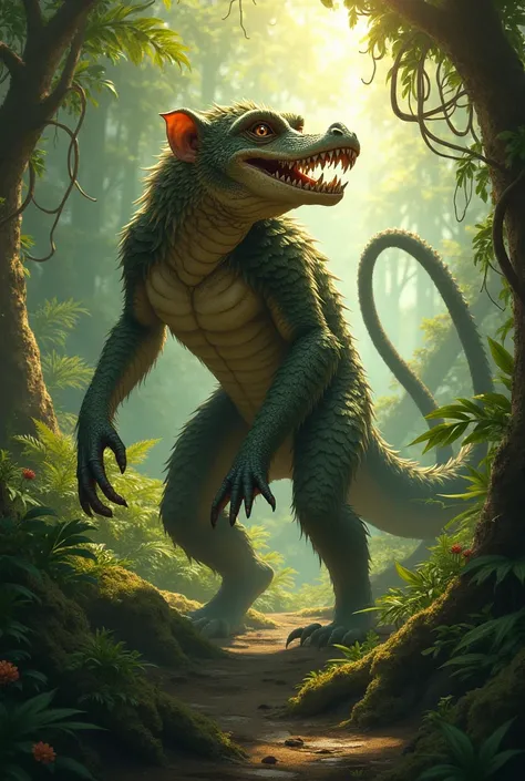 A monkey mixed with an alligator in the forest