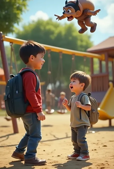 A playground where a bully looks scared as his backpack floats in the air. Nearby, a smaller boy smiles as he realizes someone is helping him. The scene shows swings and slides in the background with bright sunny weather.
