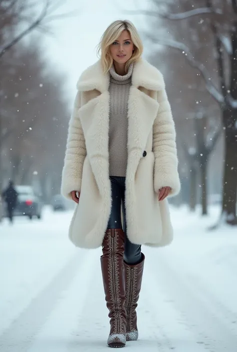 Russian blond women with short hair, full body, beautiful cuved body, furh white coat, fuhr head,  high heeled overknee snow boots walking on the street, see the heels, sexy smiling , bleu eyes, realistic