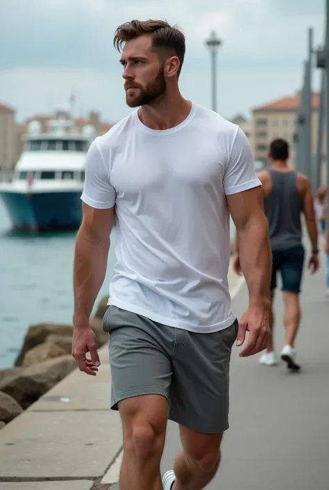 handsome man , Sensual, high, moreno,  athletic physique , Muscular,  Broad shoulders, strong arms,  with angular strokes, defined jaw, Straight Nose,   penetrating blue eyes  ,     short brown hair ,  Looks like its Chris Evans , well-groomed beard ,  mat...