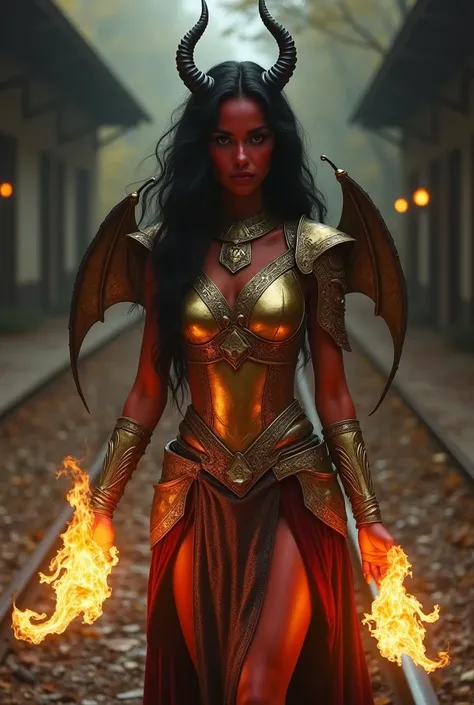    Beautiful and tall woman with black hair that reaches her hips      ,    with golden armor that reveals his abdomen    ,        showing abdomen       ,         has red skin her eyes are totally bright yellow , She has long leprechaun ears        , she w...