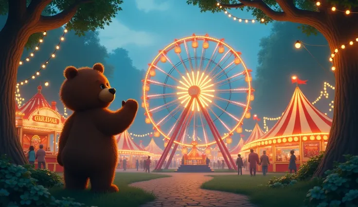 Let a fair decorated with lights be set up in the forest. Let there be a Ferris wheel in the fair.  Let it be the bear pointing at the Ferris wheel.