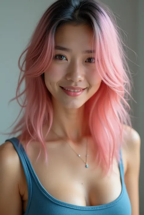 woman with innocent face, 18 years old.  chinese and black, straight pink hair, ((slanted eyes)), . close up face and breast, (((busty))), blue tank top with cleavage, tanned, smiling, ((very realistic, 4k professional picture, canon reflex)), (cum on hair...