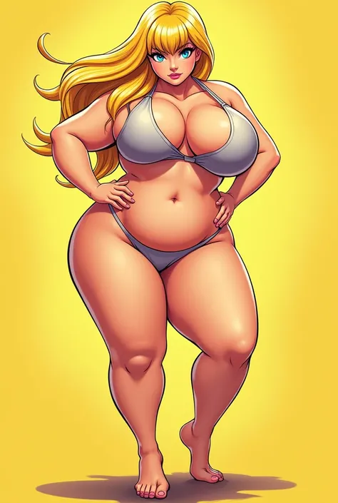 A blonde woman with blue eyes, With a big chest , A not very plump belly , and a bulky buttocks ,  in the yellow theme manga style 