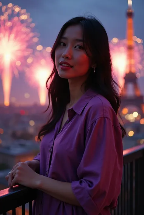 a beautiful native indonesian woman in the aifel tower paris wears a soft purple gauze dress shirt slightly chubby large and dense breasts filled with white smooth face facing the camera in front of the screen" there is a greeting  " happy year "  wearing ...