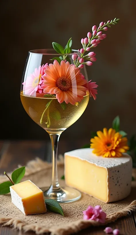 Wine glass with flowers and cheese inside