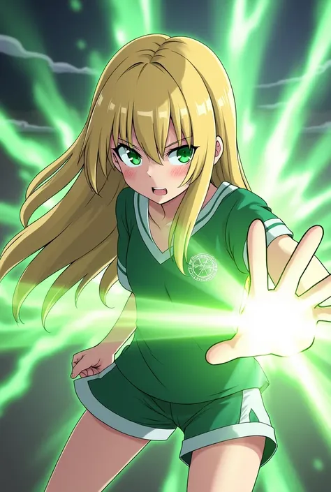 boku no hero academia, a girl with long blonde  straight hair and green eyes fighting with her light quirk wearing the gym uniform