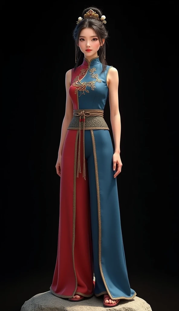 A real beautiful woman good body Has a Chinese face Dress up in ChiChi outfit sleeveless cheongsam shirt
in blue and red long pant sand hairstyle from the dragonball movie, To make it look like a real person, smiling, standing on the rock in black backgrou...