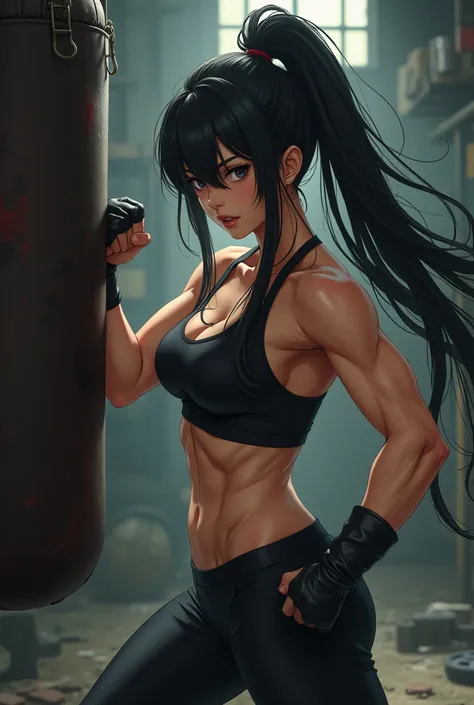 strong anime girl punching bag muscle mas and black long hair and gym tight pant big bra and anime girl 