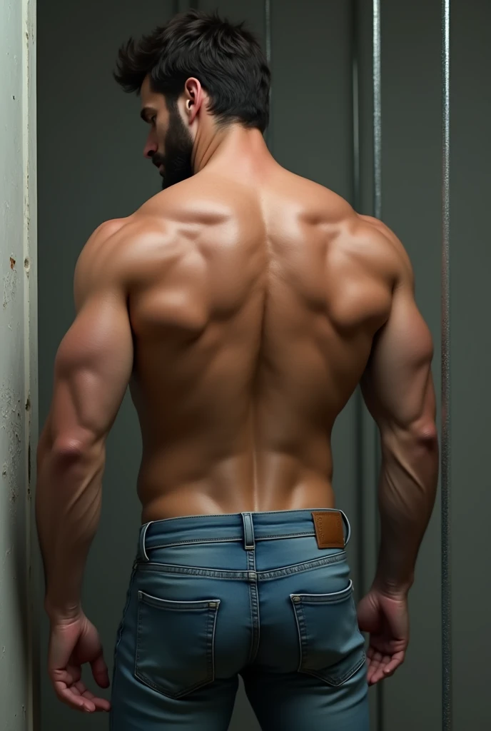  hyper realistic image,  handsome white man , About 2, beard ,  dark brown wavy hair, similar a Theo James,  with an unsympathetic appearance, muscular body. .  shirtless, Tight medium blue jeans  (((Big Bubble butt))) (((backside)))  leaning over until to...