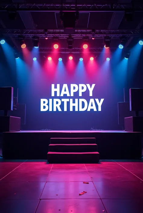 Stage with lighting and speakers and saying happy birthday visual engineer