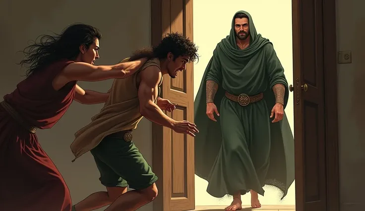 This scene shows Yusuf running toward the door with a worried expression. His shirt is torn from the back by Zulaikha, who is seen gripping the end of it with an angry expression. The door swings open to reveal Al-Aziz standing at the entrance in dark gree...