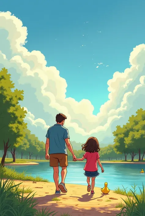 In drawing create an image in a story sequence
It was a sunny afternoon, and Clara , A seven-year-old ,  walked hand in hand with her father , Marcelo,  through the city park .  Clara loved those moments together ,  Marcelo always did everything to make th...