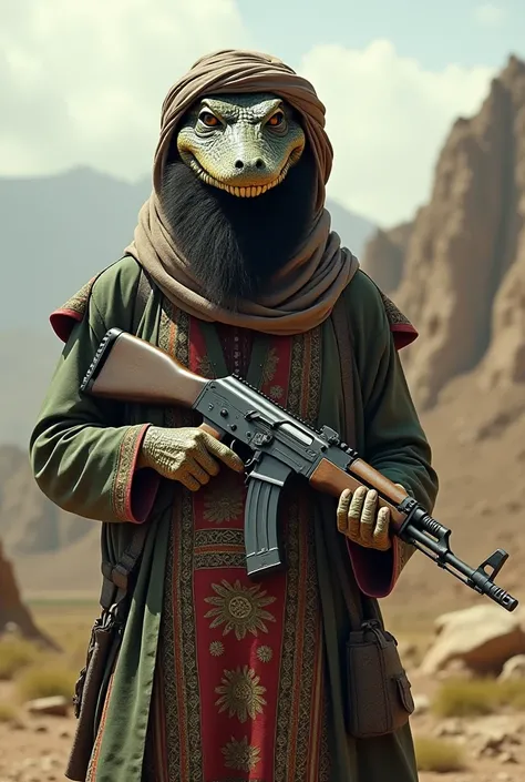 Crocodile wearing Afghan clothing Osama Bin Ladens beard and AK 47 in his hand 