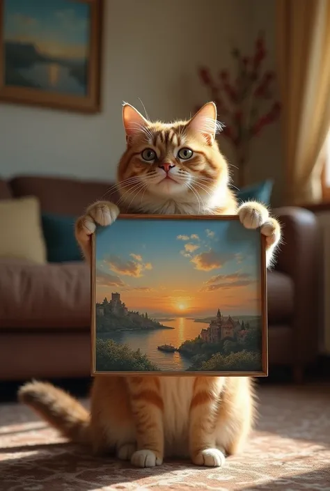  Create a picture ,  where a real cat has a painted picture ,  what looks like a real art picture in her paws.  She should stand in a living room and hold up the picture .  The room should look very cozy . Photorealistic