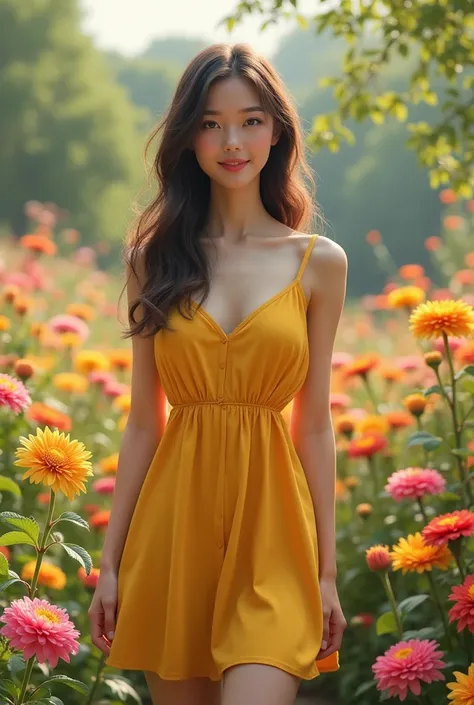 Creat  reality image of a beautiful girl she is wearing a beautiful short frock with yellow colour .she is near a beautiful flower garden and she is reality like human being