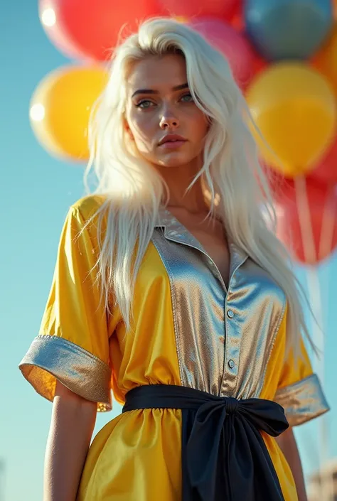 A beautiful sexy women with pure toxic with gold on , white hair,in silver and yellow black skirt shirt dress wear,model pose, Blue eyes ,biggest boobs,in colourful balloons in back on sky,realistic photo, different background,showing her boobs, gold and b...