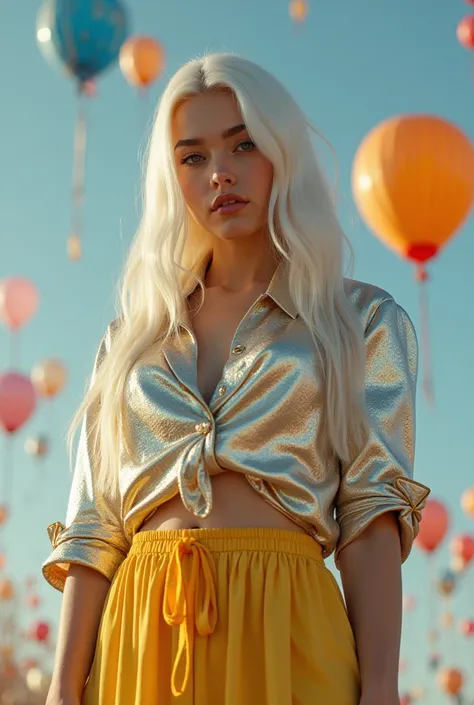 A beautiful sexy women with pure toxic with gold on , white hair,in silver and yellow black skirt shirt dress wear,model pose, Blue eyes ,biggest boobs,in colourful balloons in back on sky,realistic photo, different background,showing her boobs, gold and b...