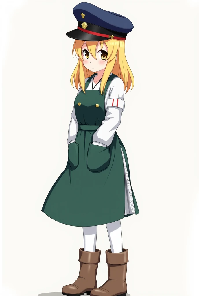 Anime style  girl, standing neutral, with navy blue military hat, dark green colors and red details. The girl has bright blonde hair that reaches her elbows and has eyes. She wears a green apron with buttons on the sides and under the apron she wears a whi...