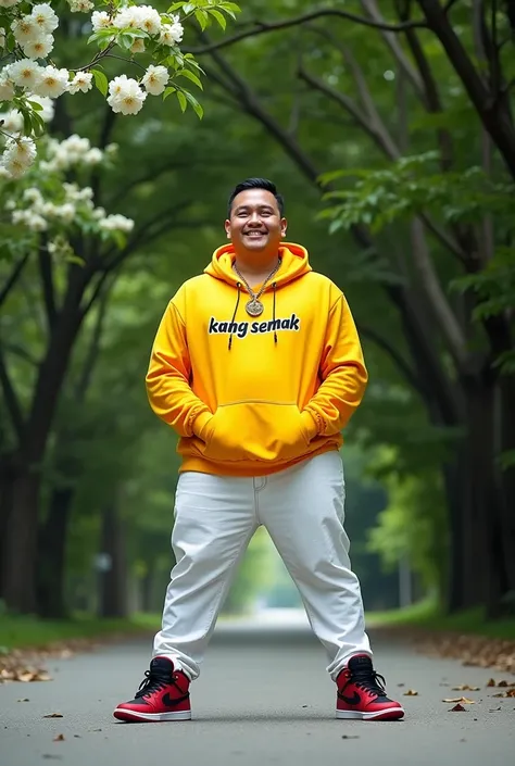  the best professional photograpy , hyperrelational , high saturation, 25-year-old Indonesian man with white skin , stocky body ,  short neat hair , wearing a bright yellow hoodie with the inscription  "KANG SEMAK "   with a necklace around the neck ,  whi...