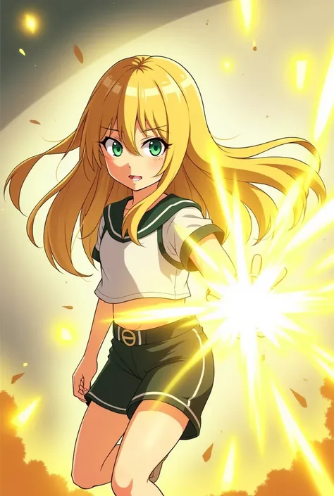 boku no hero academia (she looks similiar to Ochaco uraraka), a girl with long blonde  straight hair and green eyes fighting with her light (the light is light yellow) quirk wearing the gym uniform