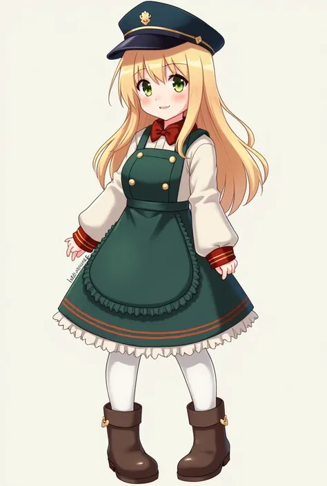  anime-style girl, short height , neutral foot ,  with navy blue military hat ,  dark green colors and red details .  The girl has long shiny blond hair .  She wears a green apron with buttons on the sides and under the apron she wears a white padded jacke...