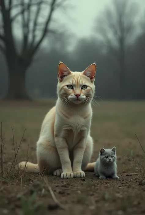 Days later, the cream-colored cat with duller fur and distant green eyes sits alone in the yard, staring at the spot where her gray kitten used to play.