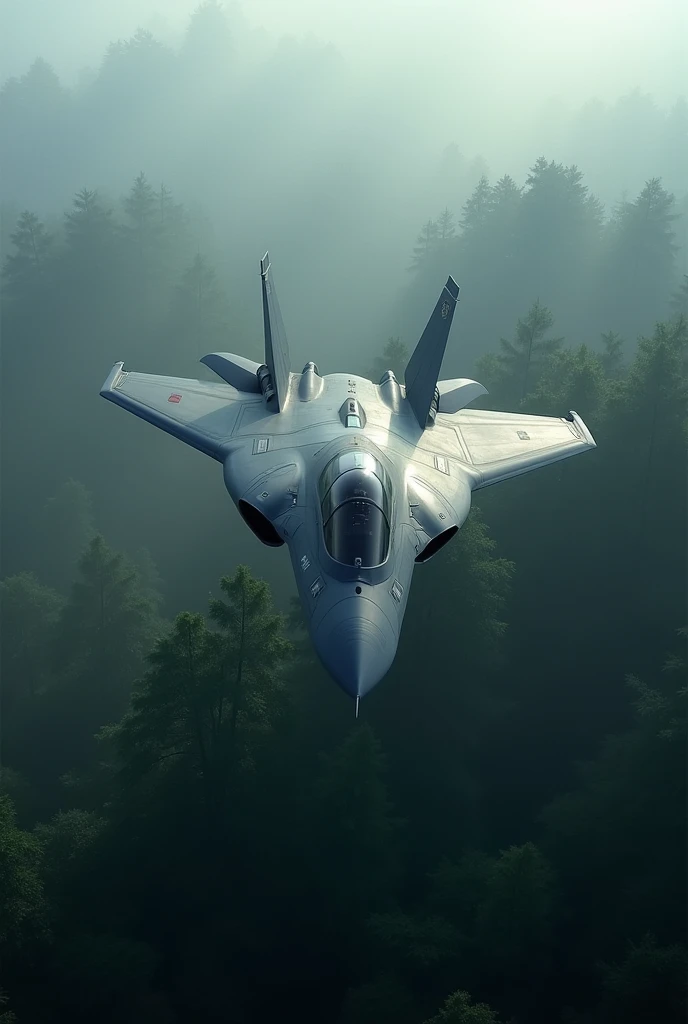 Visualize the Chengdu J-20 Mighty Dragon flying low over a dense forest during a misty morning. Focus on its futuristic, stealthy design with a long fuselage, delta wings, and twin tails. The jet should have a dark gray, almost black color scheme with Chin...