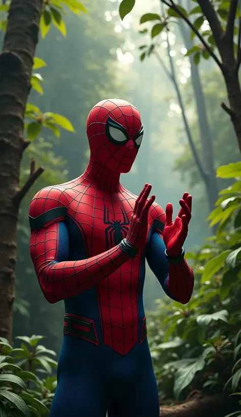 HDR 4K,Spiderman Deep in the jungle,Spiderman is clapping his hands