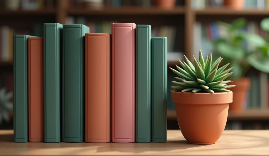  Horizontal size 16 : 9 A bookcase with books with spine in dark green ,  pink and terracotta on a blurry background with a terracotta-colored pot with plants in the foreground in the lower right corner