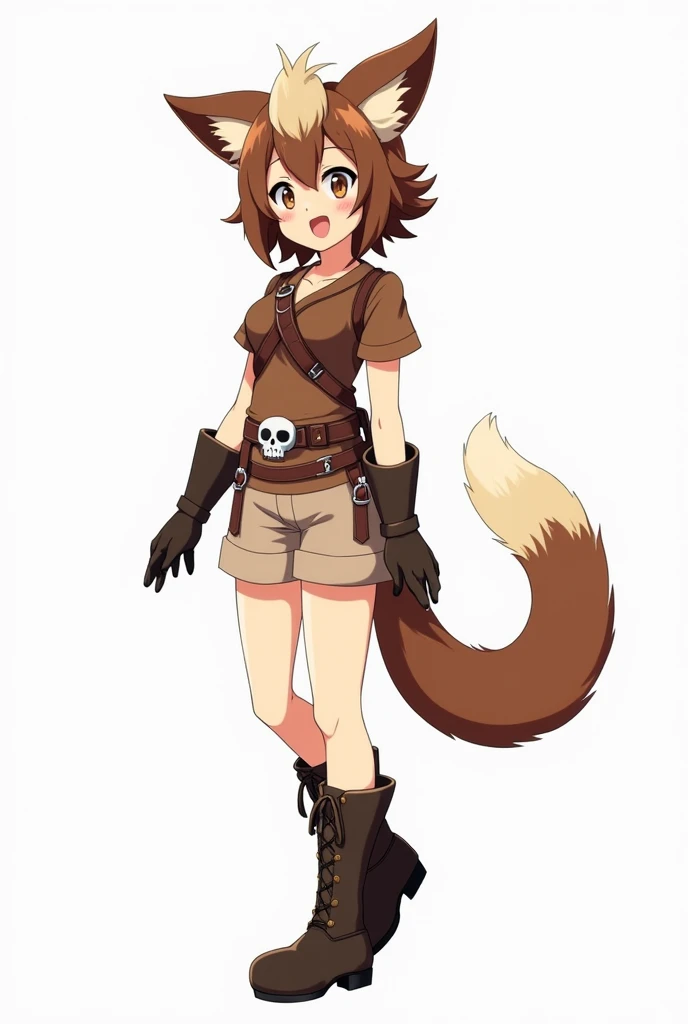  Female anime character ,  furry with giant cat ears ,  brown hair with a beige tuft  ,  with a brown short-sleeved blouse,  a transverse belt , with a skull l , And a beige shorts  , adventurer outfit ,  a drande leather boot and black leather gloves , ta...