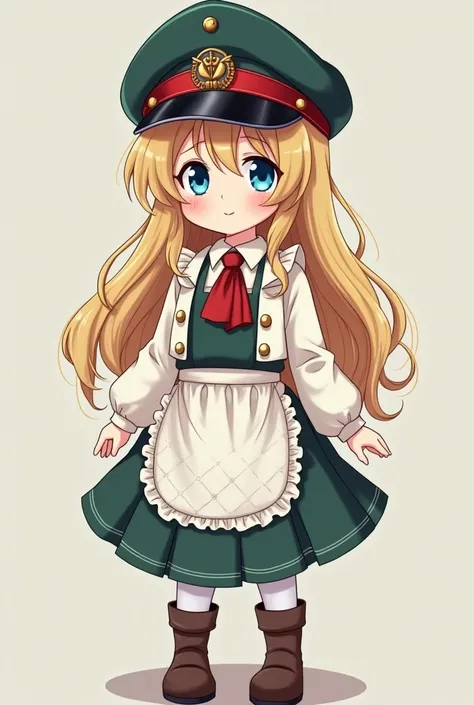  of  anime style,Of very short stature, neutral foot ,  with navy blue military hat ,  dark green colors and red details . The girl has long shiny blond hair and blue eyes .  She wears a green dress with buttons on the sides and under the apron she wears a...