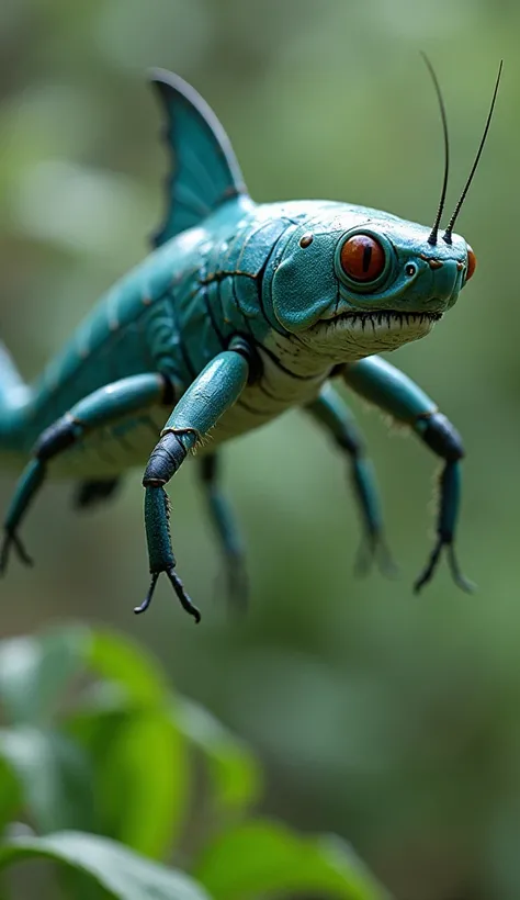 Shark-Grasshopper Hybrid: A swift shark enhanced with grasshopper legs for incredible jumps, combined with sleek chitin patterns along its body.transformed devloped fusion climbed wings image of grasshopper and shark
