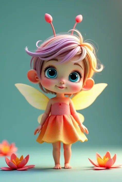 Create a little fairy in 3D , standing,  her big bright blue eyes ,  she has colored hair and two small antennas that come out of the top of her head,  she wears a dress made with colored flower petals ,   on her back she wears two small colored wings 