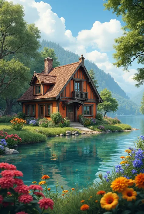 A realistic old house on a lake in bright colors with a lot of plants and flowers around it 