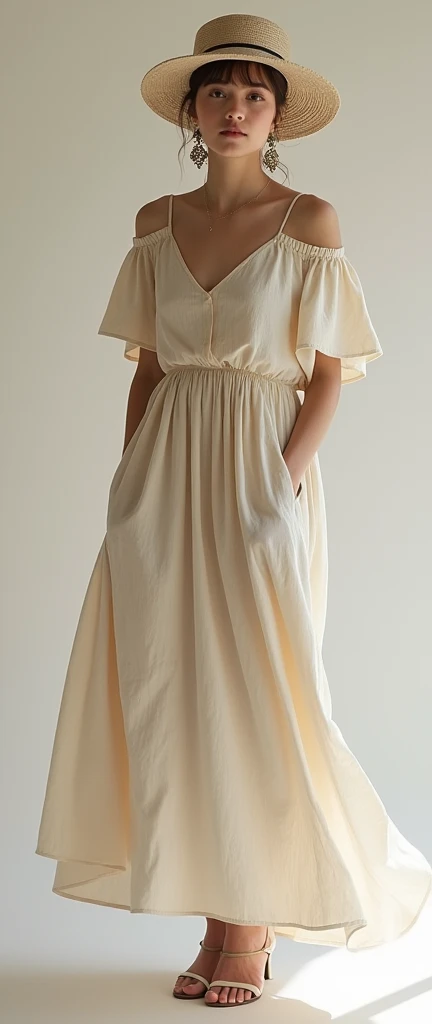  The dress leaves her upper shoulders open ,  but cover the sides and flow down into a beautiful V-neck .  This is a comfortable ,  which gives the dress a relaxed ,  shape but the graceful look .  Her sleeves are slightly short and very wide ,  their flow...