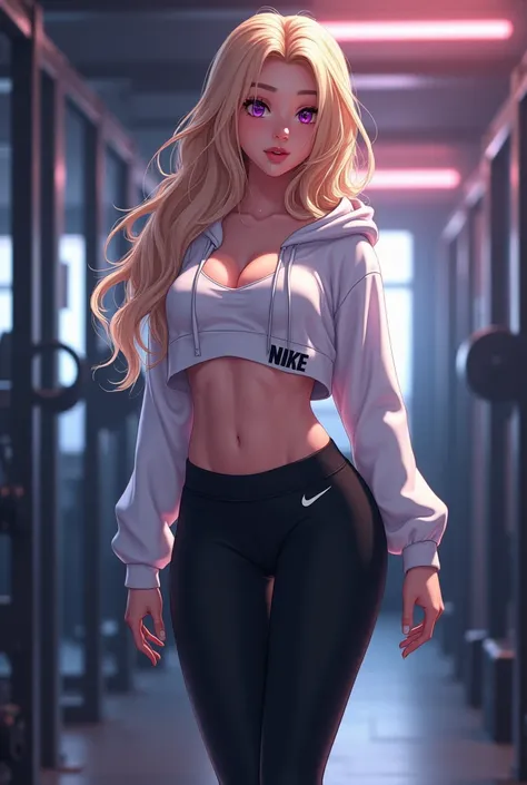 (photorealism:1.2), beautiful anime woman, purple seductive eyes, long blonde untied hair, curved muscular body, long legs, black nike leggings, white sneakers, cropped white hoodie, half revealed under breasts, tall, in a gym