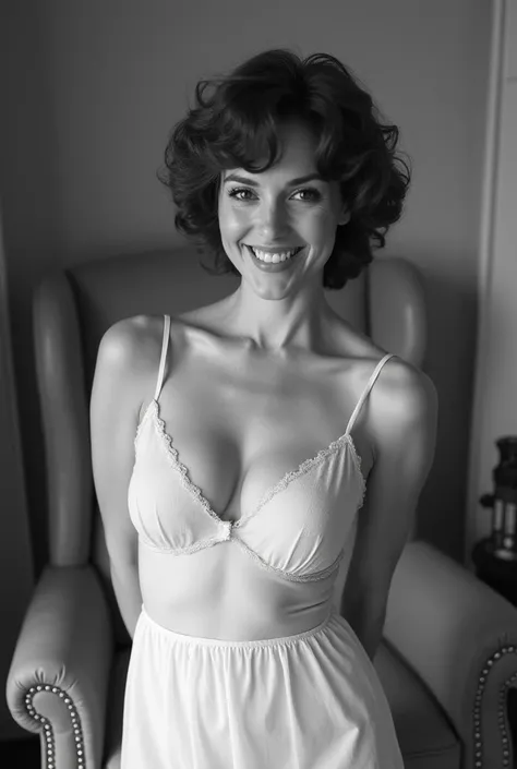 
A black-and-white photograph from the 70s: a 30-year-old buxom brown-haired woman with short curls, dressed in a white semi-transparent slip, stands in front of a full-face armchair, smiling coquettishly