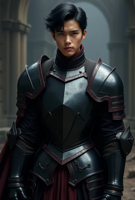 Create a young white man ,  black hair,  blue eyes,  in a black suit of armor with red details and leather gloves