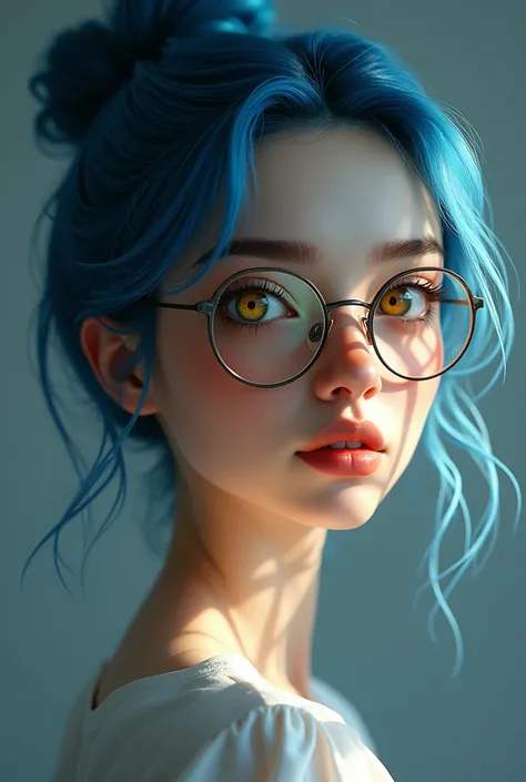  girl . 30 years old. blue hair in a bun.  yellow eyes . glasses. high