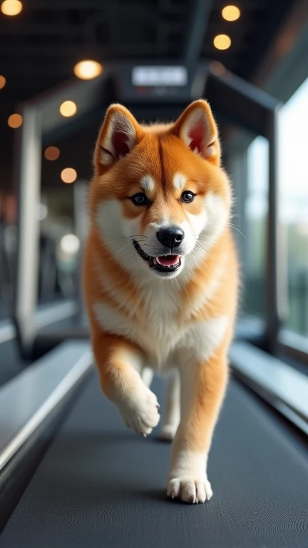 A ShibaInu puppy standing on two legs like a human and running on a treadmill at a sports club,
photo, high quality, real