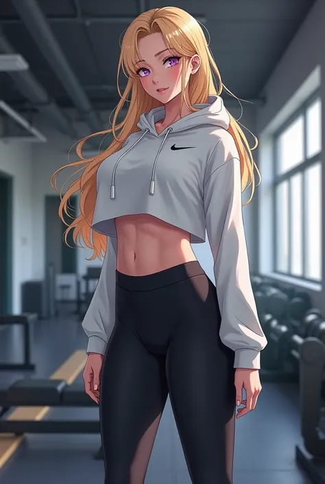 (photorealism:1.2), beautiful anime woman, mature face, purple seductive eyes, long blonde untied hair, curved muscular body, muscular long legs, black nike leggings, white sneakers, cropped white hoodie, half revealed under breasts, tall, in a gym