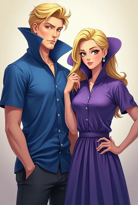 Anime Beautiful Blonde Queen Mother wearing a Massive Purple Popped Collar Polo with her Husband King hes wearing a Blue Massive Popped Collar Polo with a collar so high its taller than his head