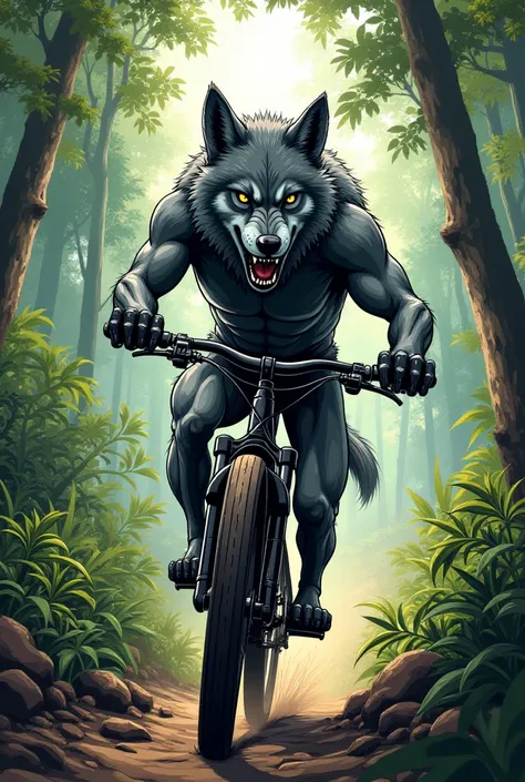 A gray wolf with humanoid hands riding a black mountain bike in the jungle at full speed manga style drawing