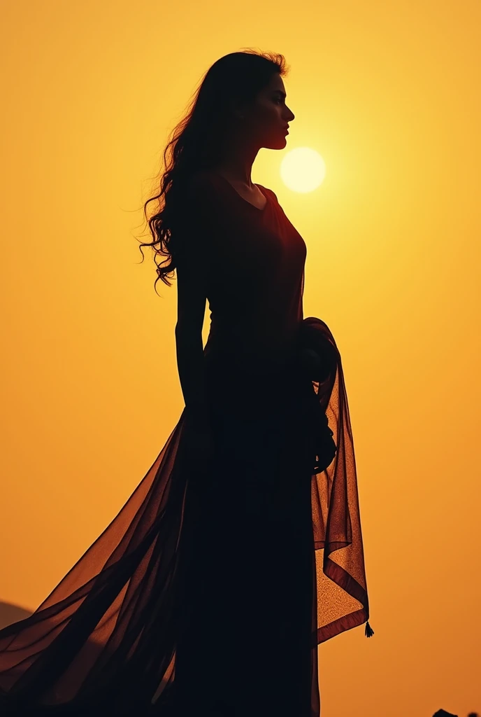 "An inspiring silhouette: A woman standing tall, representing the power of dreams, ambition, and the drive to create a brighter future. Wearing Indian traditional saree ."
Create a image