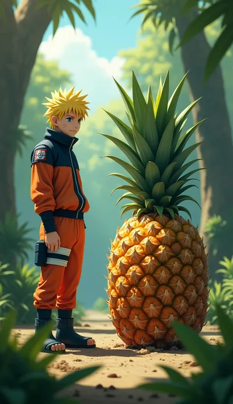 create 32k separate entities: Naruto Uzumaki and Pineapple placed in the same frame, both distinct and ready to merge. Naruto stands confidently, his spiky blonde hair glowing faintly with chakra energy, while the Pineapple sits beside him, its rough, gold...