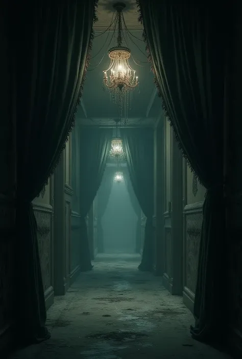 A dimly lit hallway with a flickering chandelier and torn curtains swaying in the wind. The floor is covered in dust and cobwebs hang from every corner.