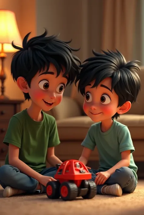 Create a Disney Pixar style close-up shot of an older boy with messy black hair, wearing a green t-shirt and jeans, smiling as he gently shows the younger boy how to fix the toy by calmly explaining. The setting is the same living room, but now the older b...